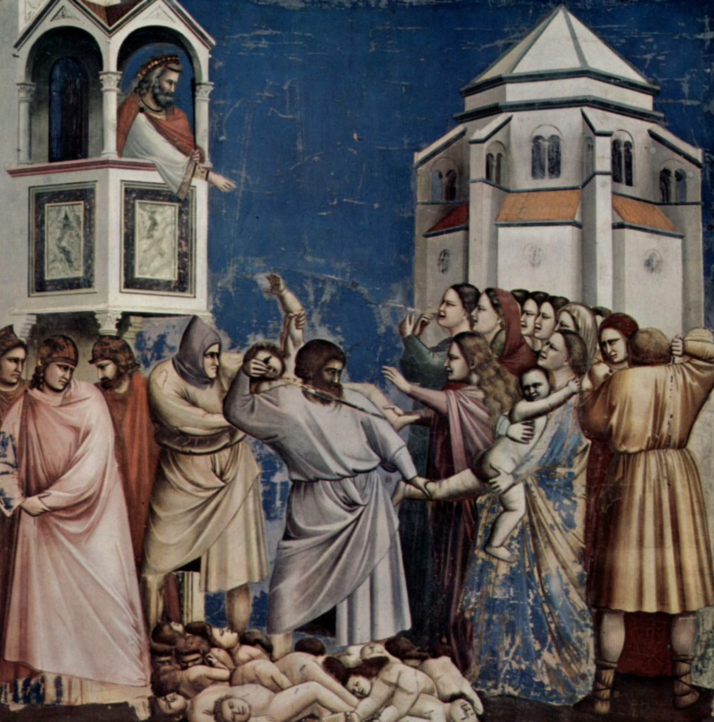 Giotto fresco of the Massacre of Innocents with quote from The Mystery of Christmas, The Complete Guide to Godly Play Volume 3